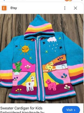 Alpaca World  Handmade Embroidered Kids Hooded Cardigan - Bright Turquoise & Mul